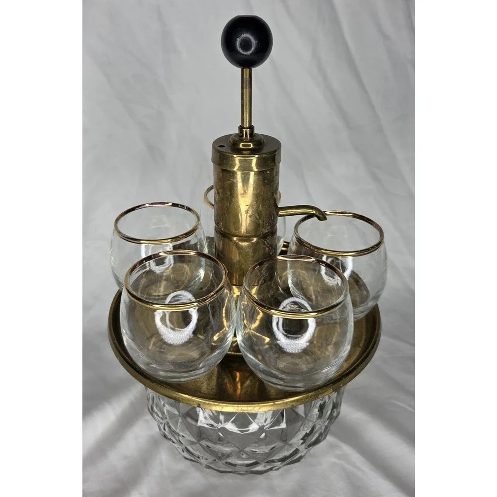 Vintage Park Sherman MCM Brass/Glass Liquor Decanter With Tray & 5 Glasses 1960s